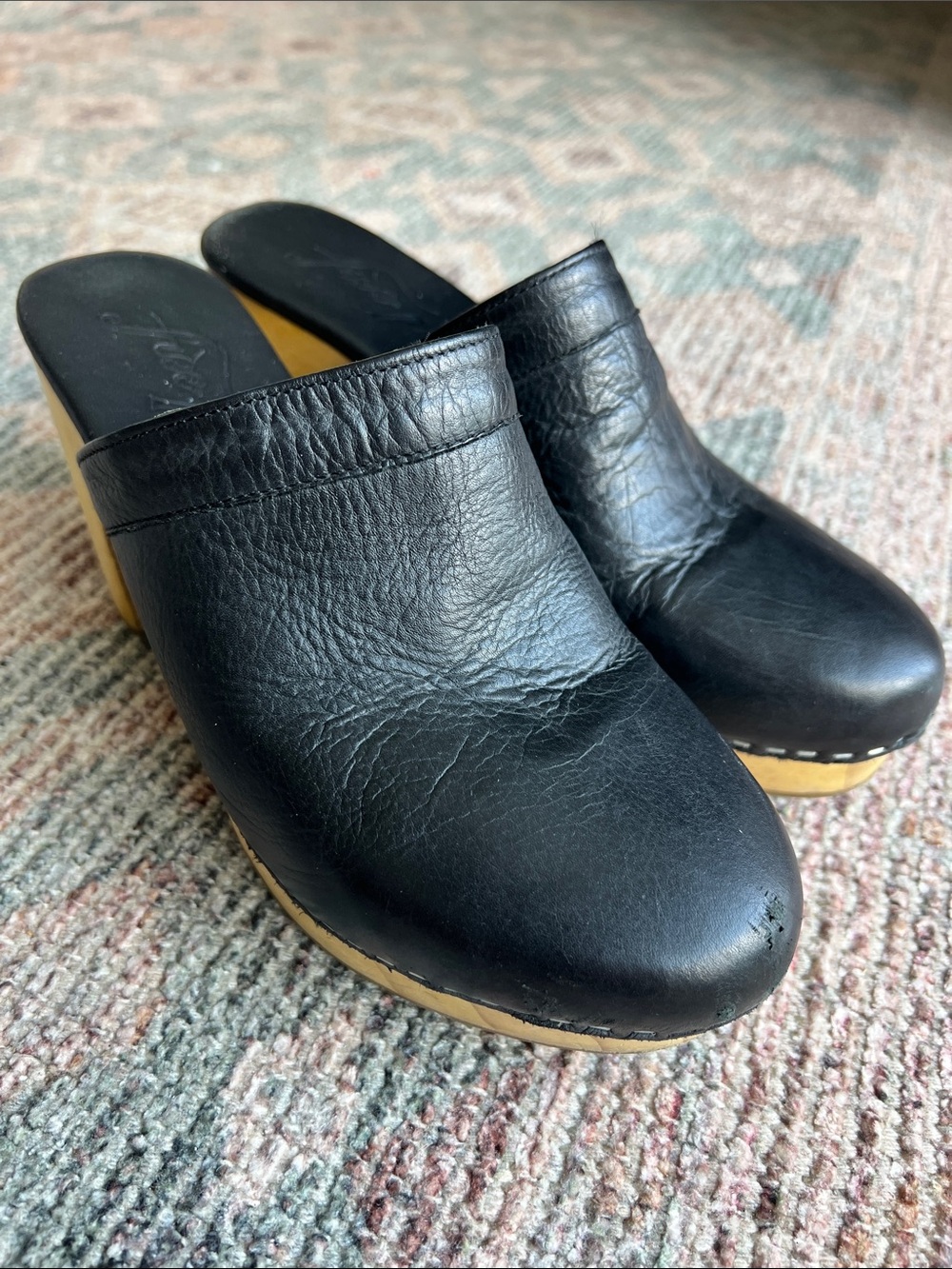 Free People Black Leather Clog Mules with Tan Sole